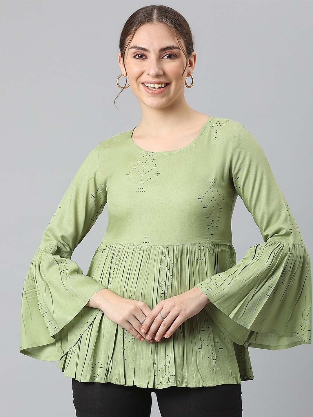 

KALINI Round Neck Bell Sleeves Printed Peplum Top, Green