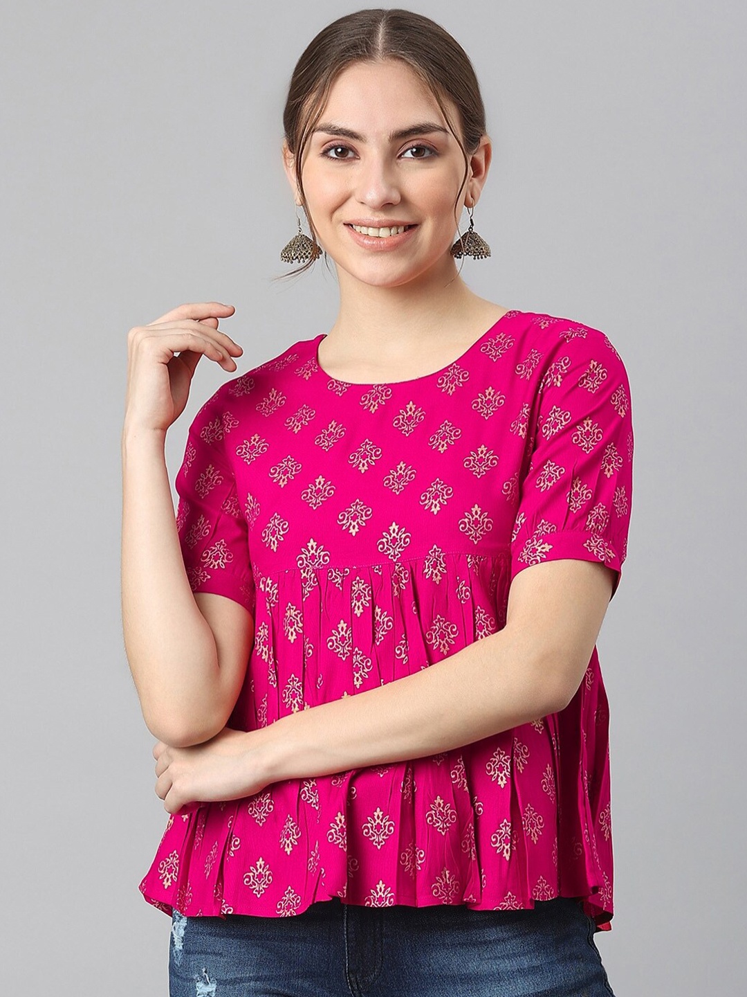 

KALINI Ethnic Motif Printed Round Neck Gathered Top, Pink