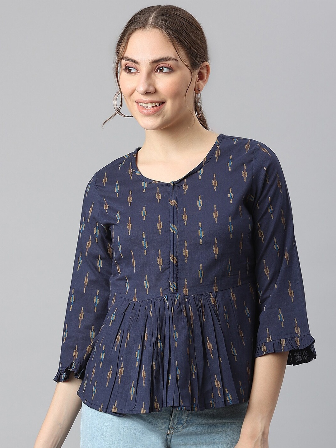 

KALINI Round Neck Gathered Pure Cotton Top, Blue