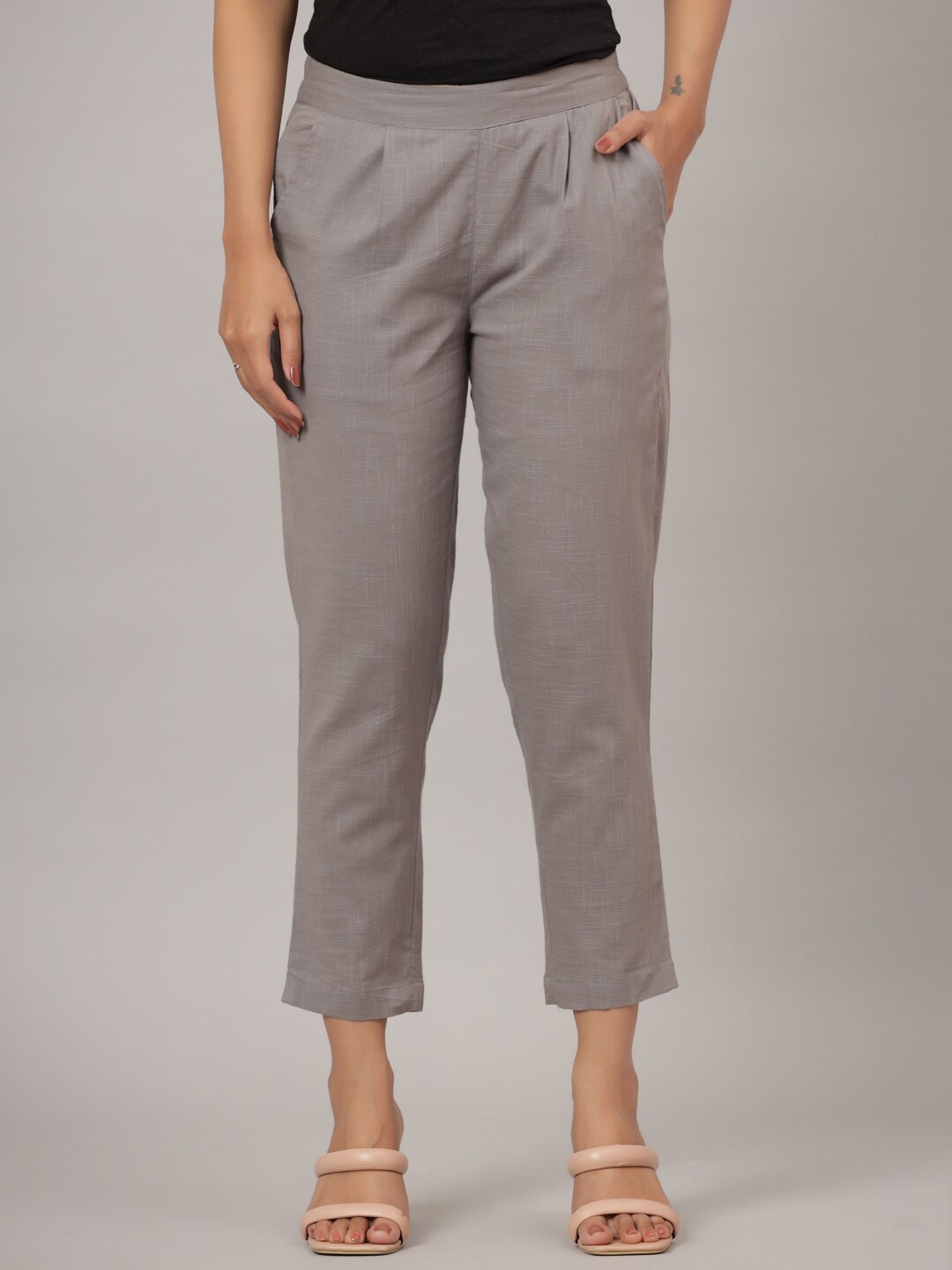 

CRAFTED FOR YOU Women Cropped Pleated Cigarette Trousers, Grey