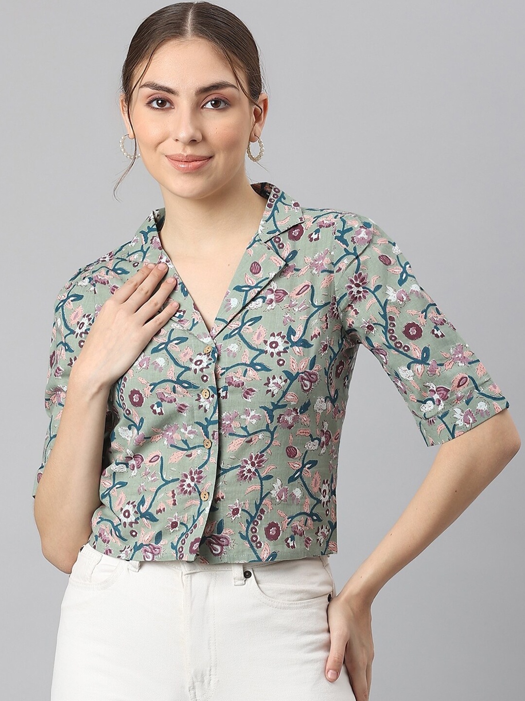 

KALINI Women Floral Printed Cuban Collar Casual Cotton Shirt, Green