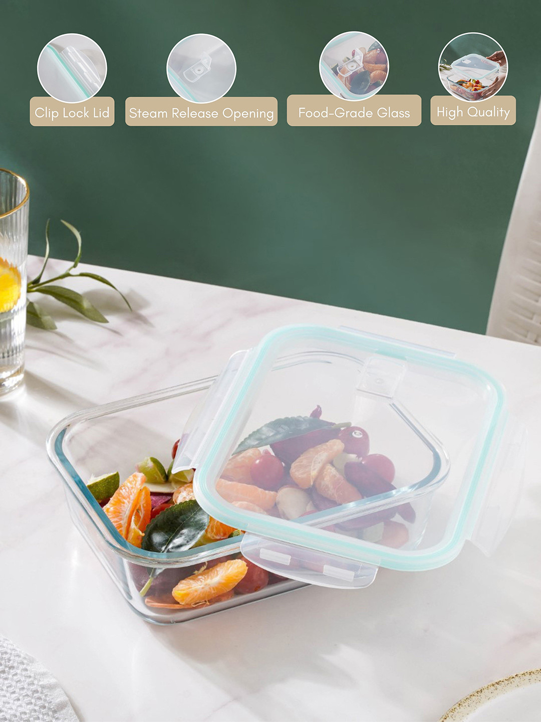 

Nestasia Transparent & Mint Green Microwave Safe Borosilicate glass Lunch Box 1.2 L