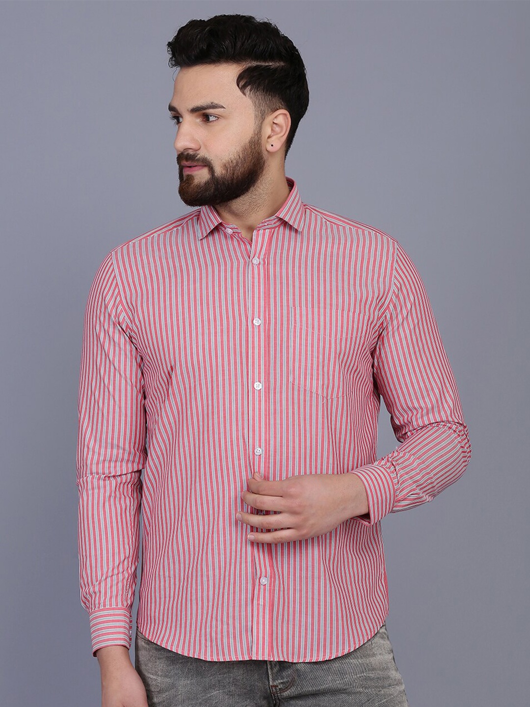 

JJAAGG T Men Striped Casual Pure Cotton Shirt, Red