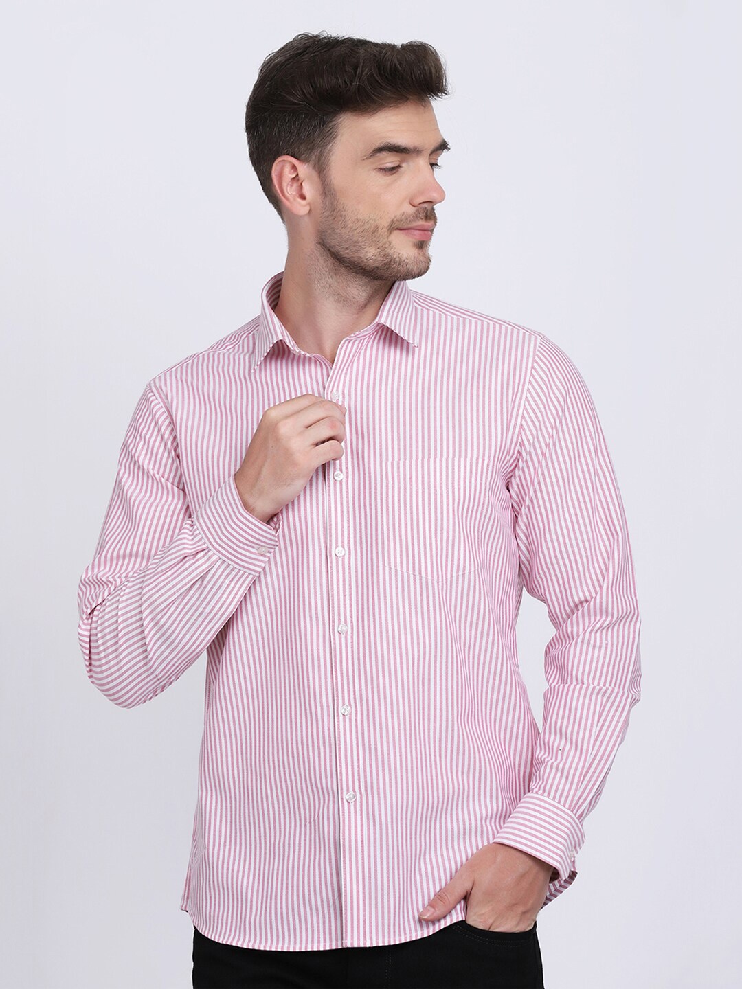 

JJAAGG T Men Striped Casual Pure Slim-Fit Cotton Shirt, Pink