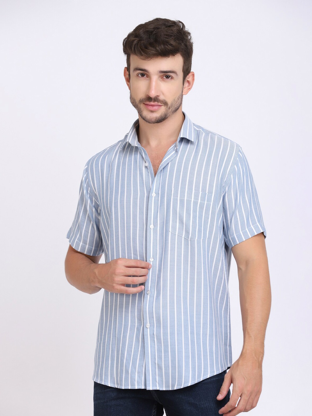 

JJAAGG T Men Striped Twill Weave Casual Shirt, Blue