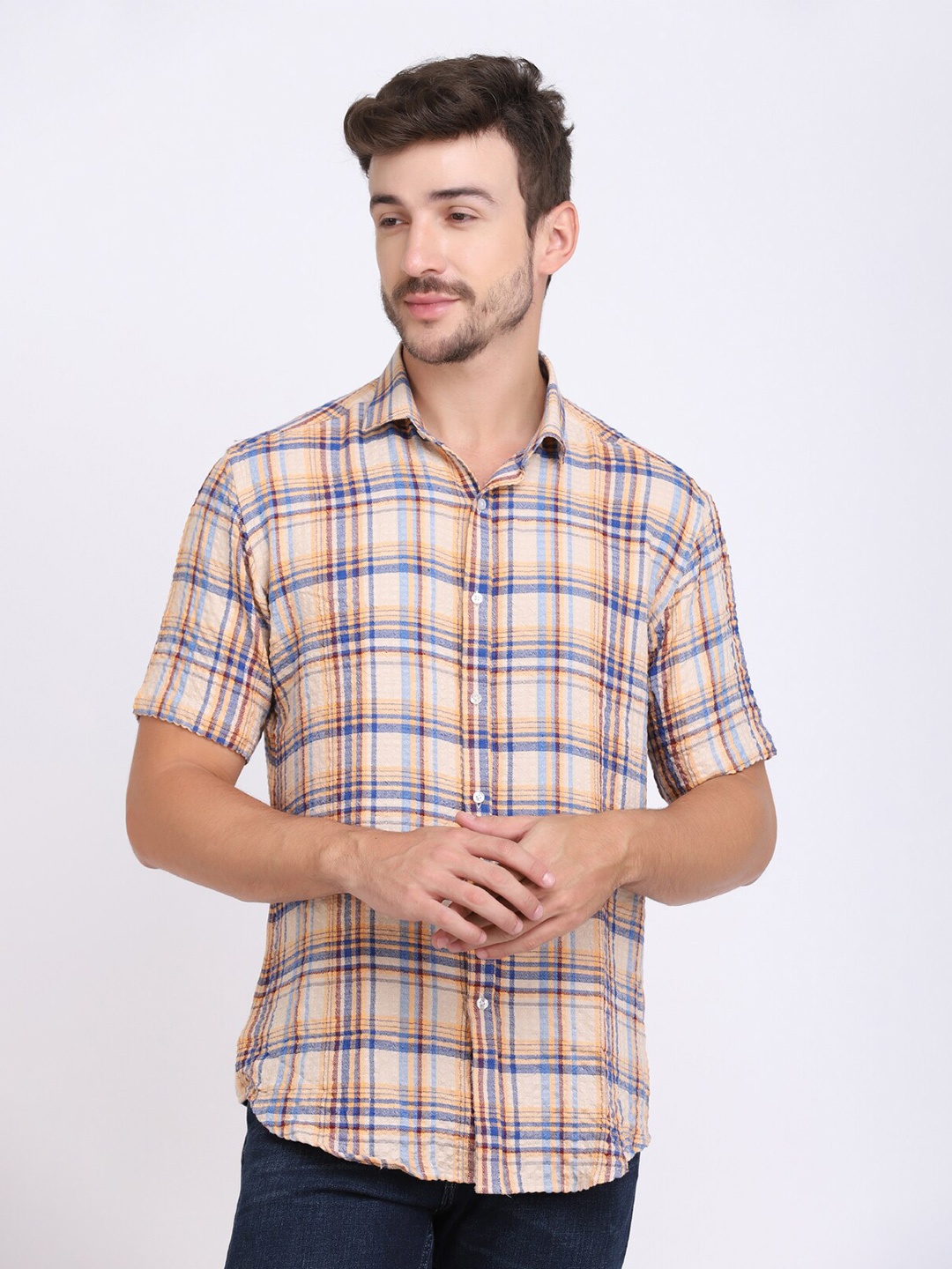 

JJAAGG T Men Slim Fit Tartan Checked Seersucker Weave Casual Shirt, Beige