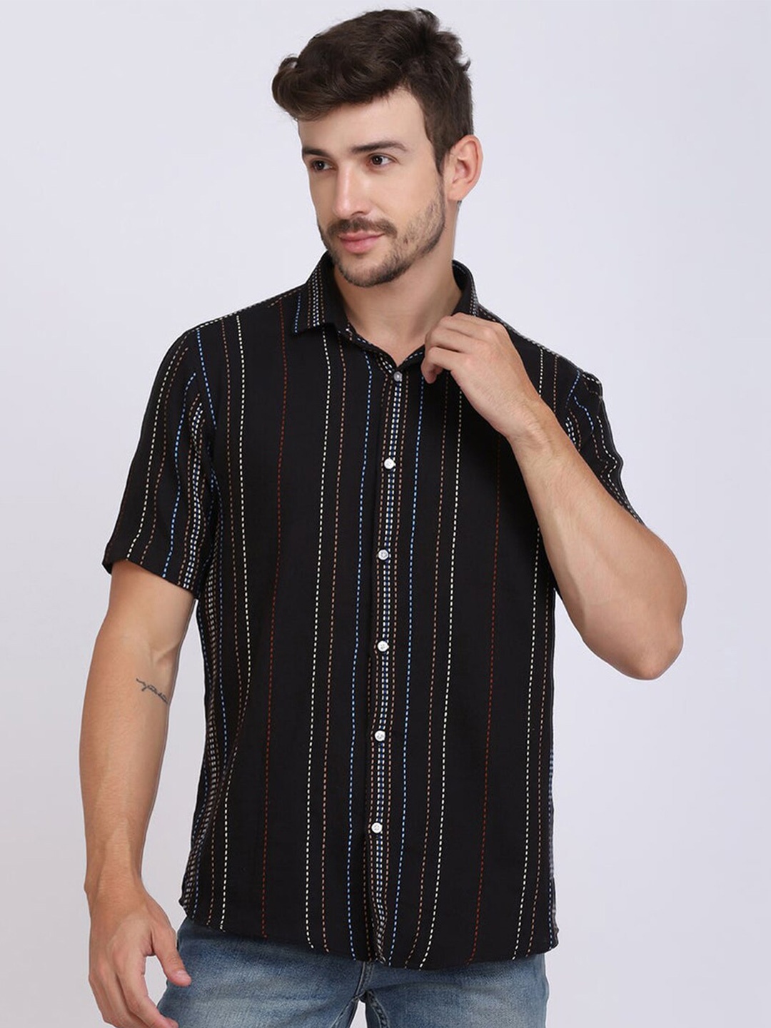 

JJAAGG T Men Striped Casual Shirt, Black