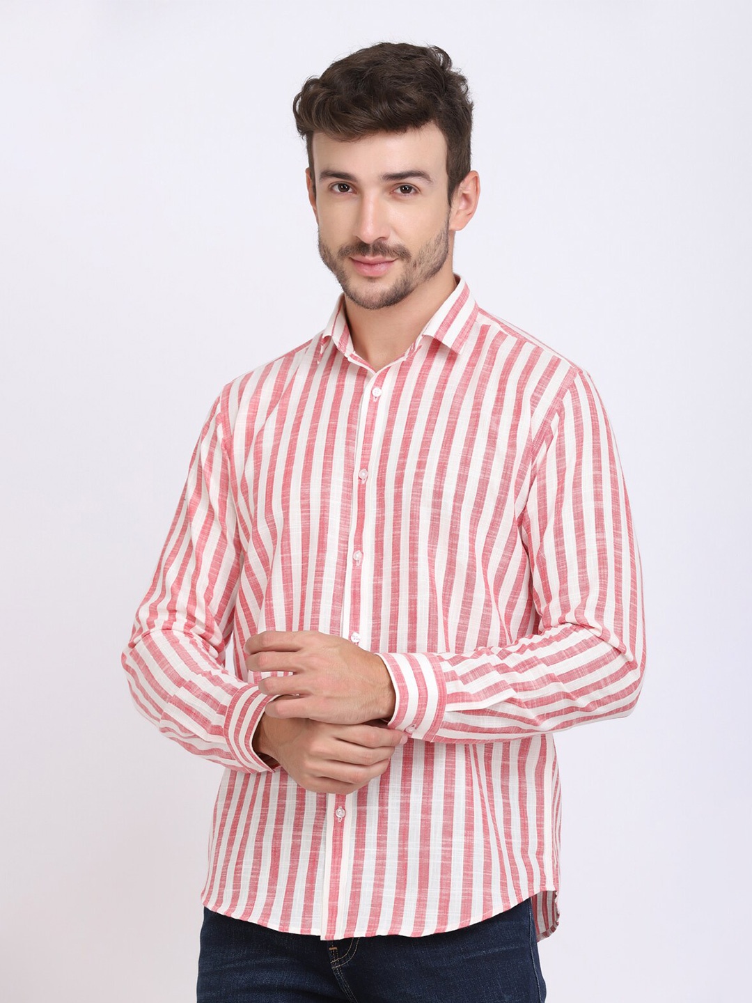 

JJAAGG T Men Striped Cotton Casual Shirt, Coral