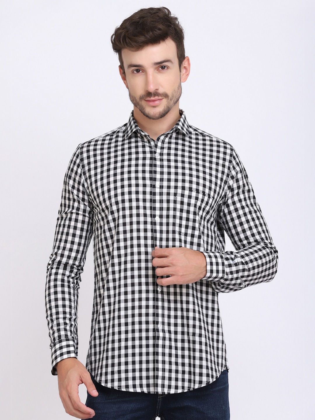 

JJAAGG T Men Gingham Checks Casual Pure Cotton Shirt, Black