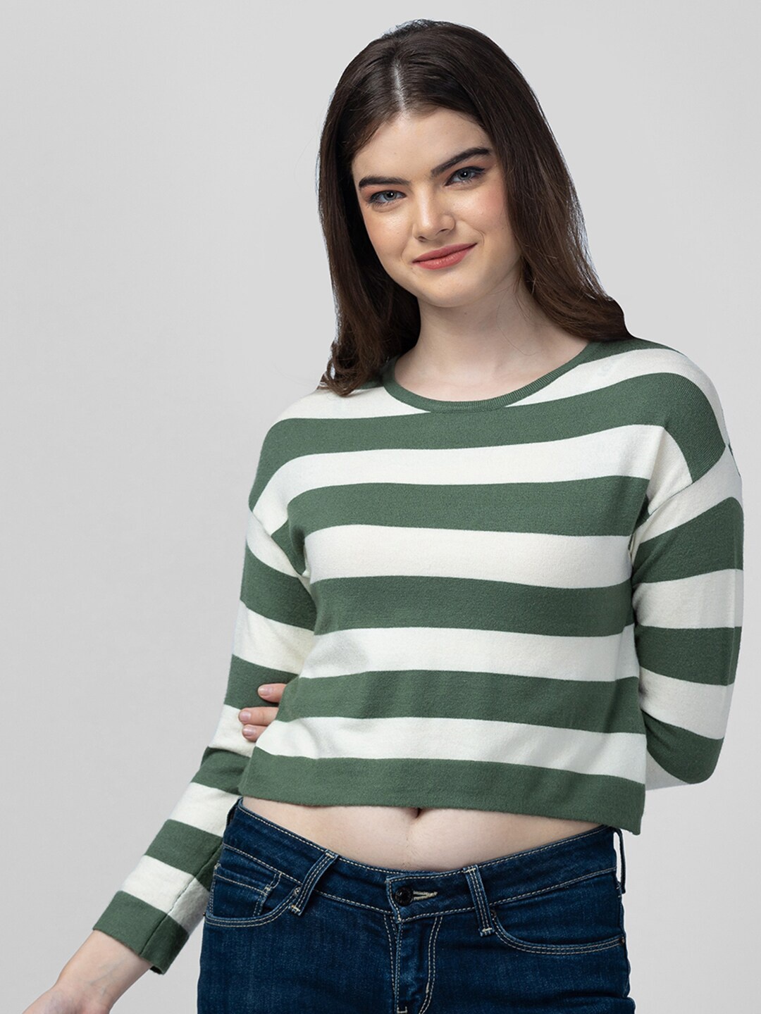 

Globus Women Striped Crop Acrylic Pullover, Green