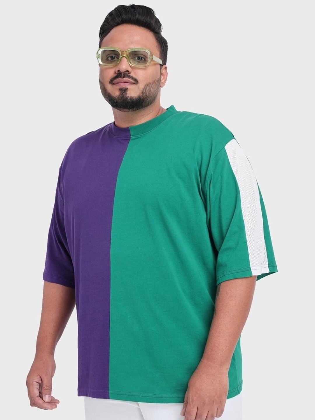 

Bewakoof Plus Men Colourblocked Drop-Shoulder Sleeves Cotton T-shirt, Blue