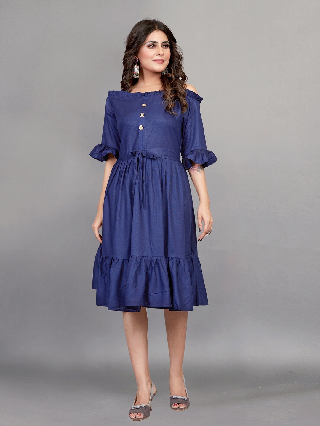 

APNISHA Off-Shoulder Tiered Dress, Navy blue