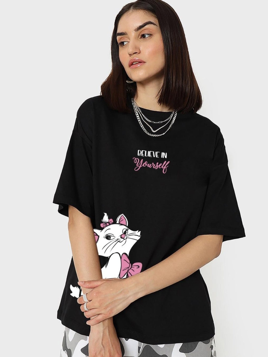 

Bewakoof Women Printed Loose Cotton T-shirt, Black