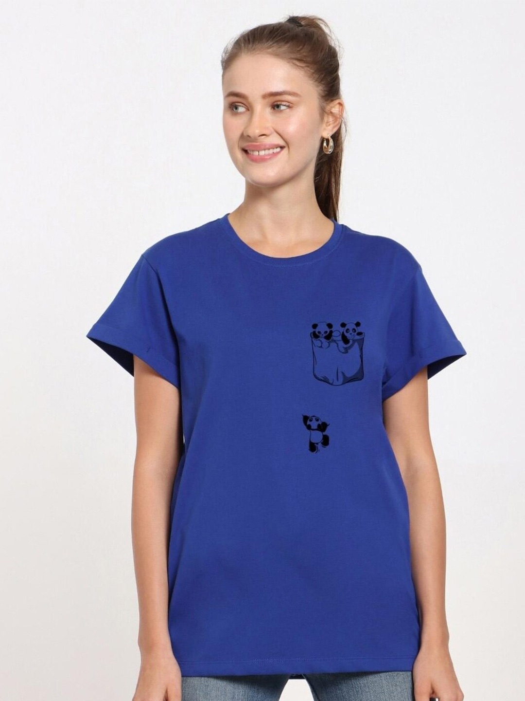 

Bewakoof Women Printed Cotton T-shirt, Blue