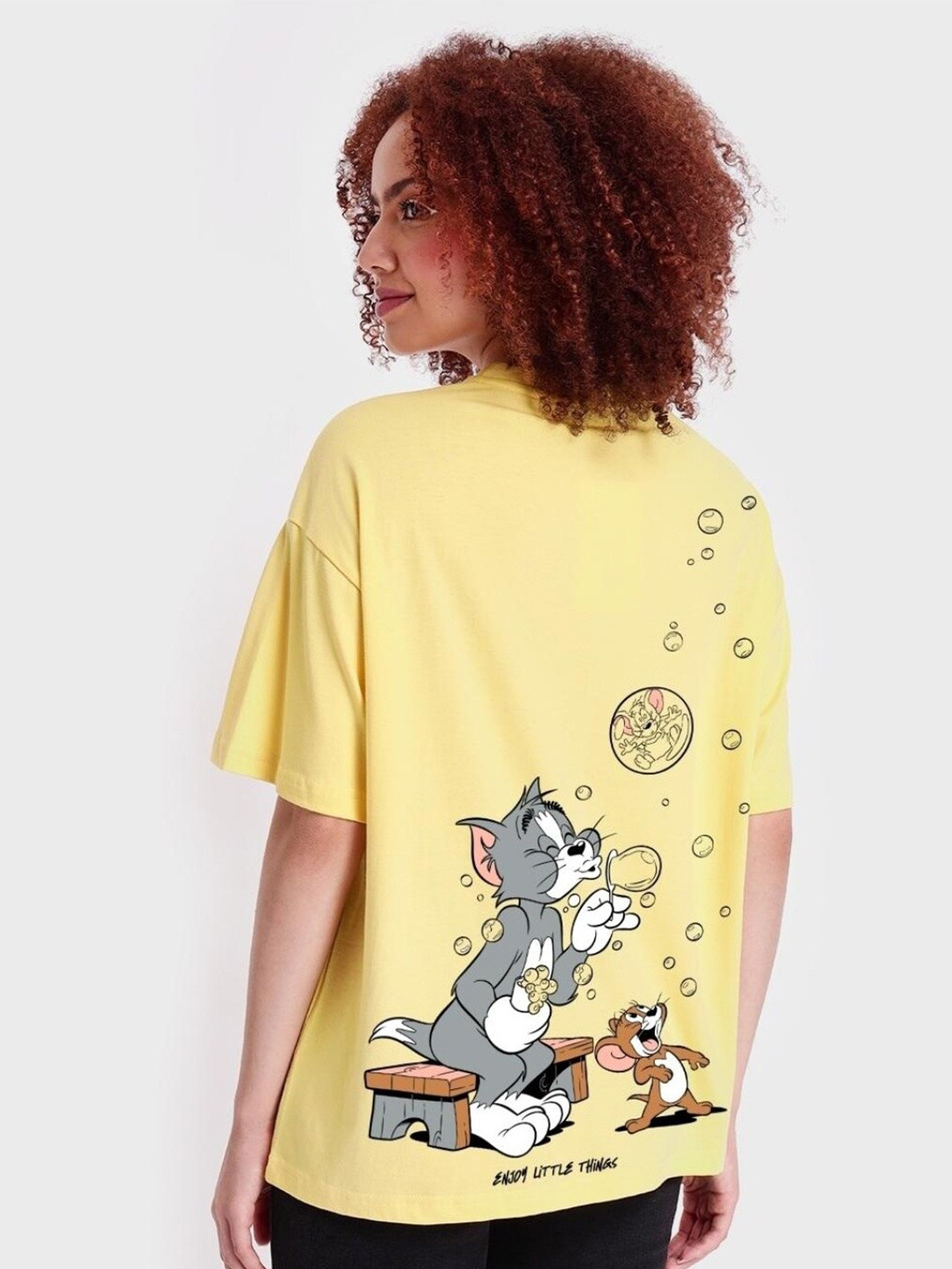 

Bewakoof Women Mickey Mouse V-Neck Drop-Shoulder Sleeves Loose Cotton T-shirt, Yellow