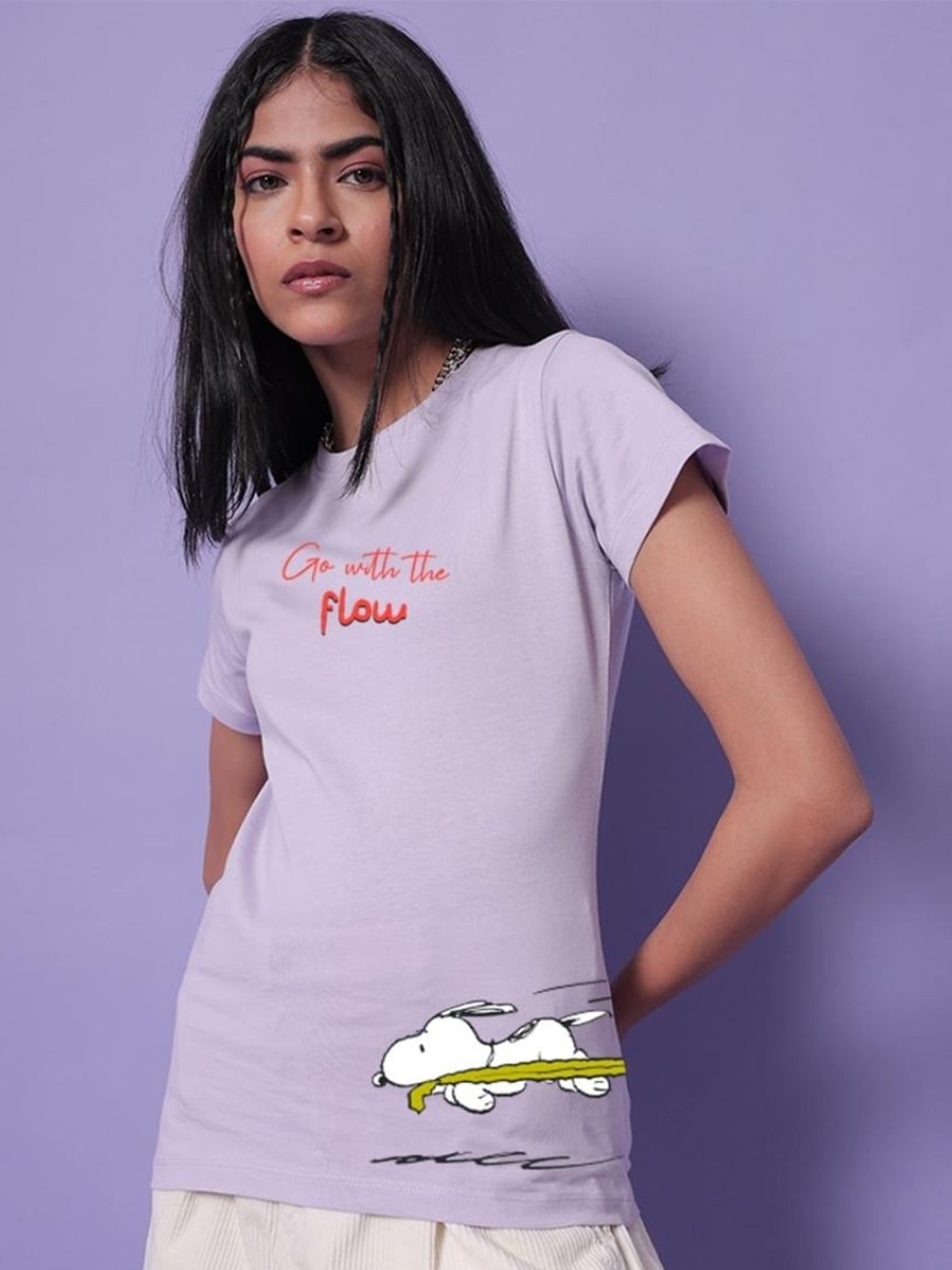 

Bewakoof Women Snoopy Printed Cotton T-shirt, Lavender