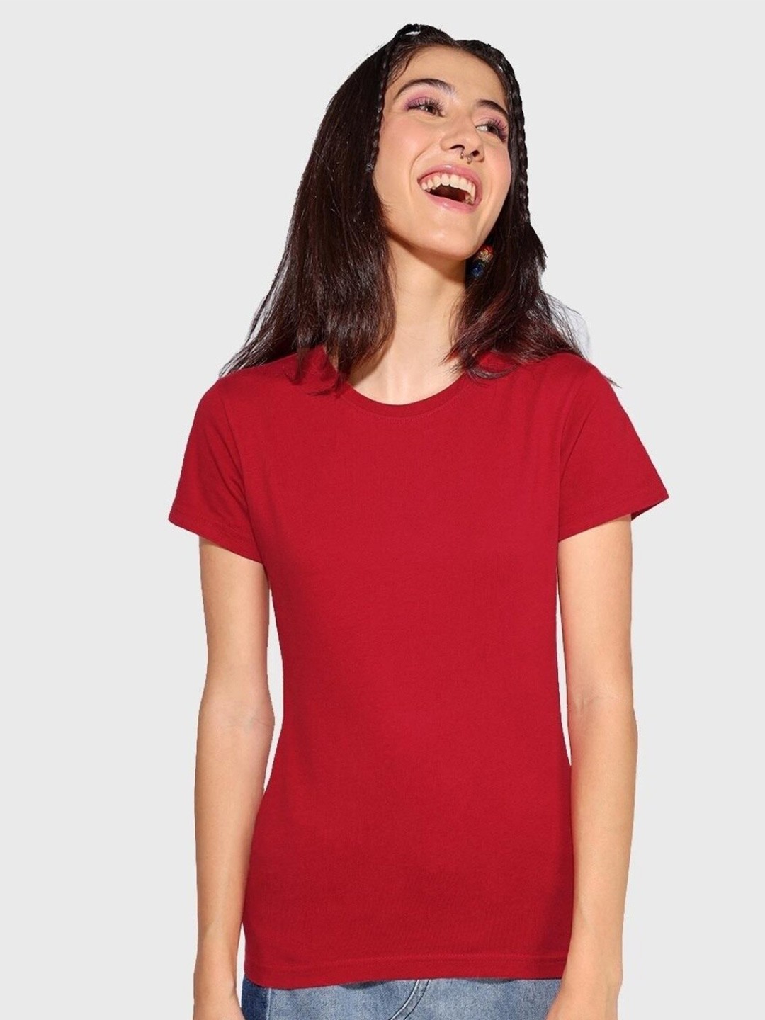 

Bewakoof Women V-Neck Cotton T-shirt, Red