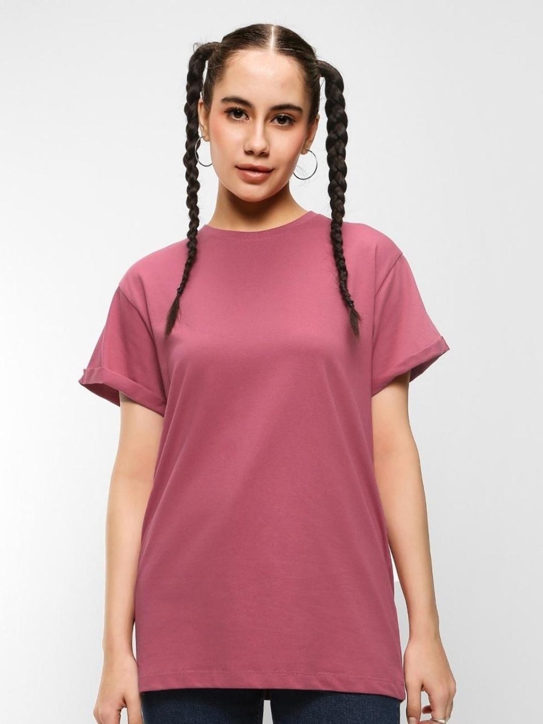 

Bewakoof Women Round Neck Cotton T-shirt, Pink