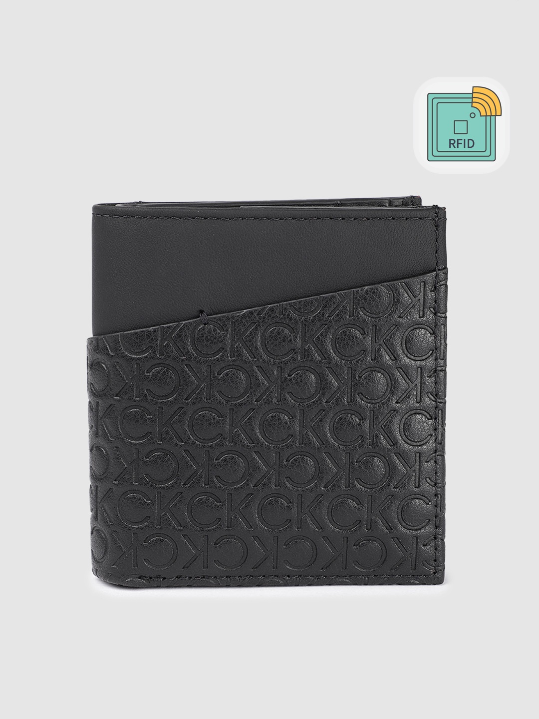 

Calvin Klein Men Brand Logo Debossed Leather Two Fold Wallet With RFID, Black