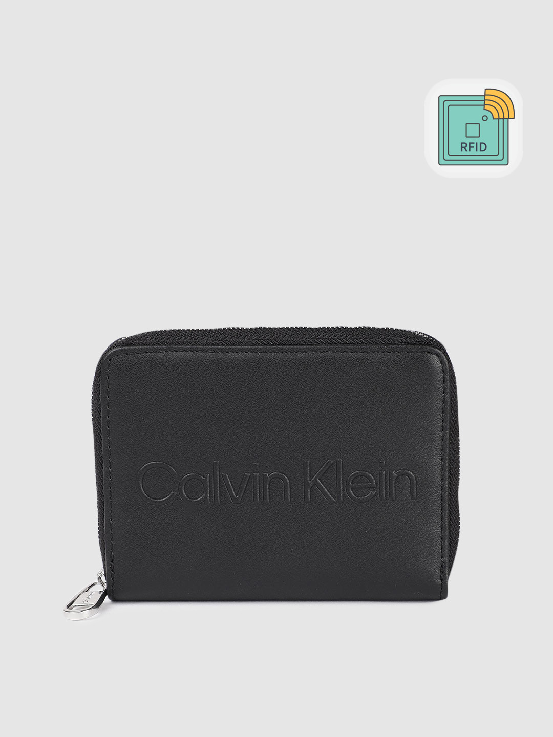 

Calvin Klein Men Brand Logo Embossed Leather Zip Around Wallet With RFID, Black