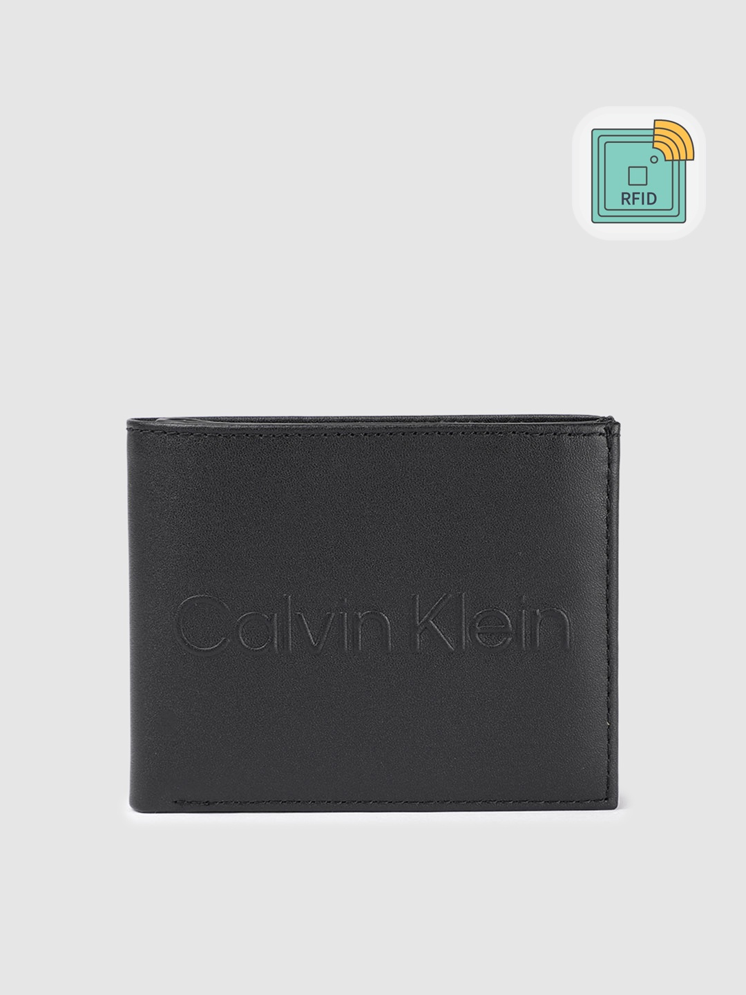 

Calvin Klein Men Brand Logo Embossed Leather Two Fold Wallet With RFID, Black
