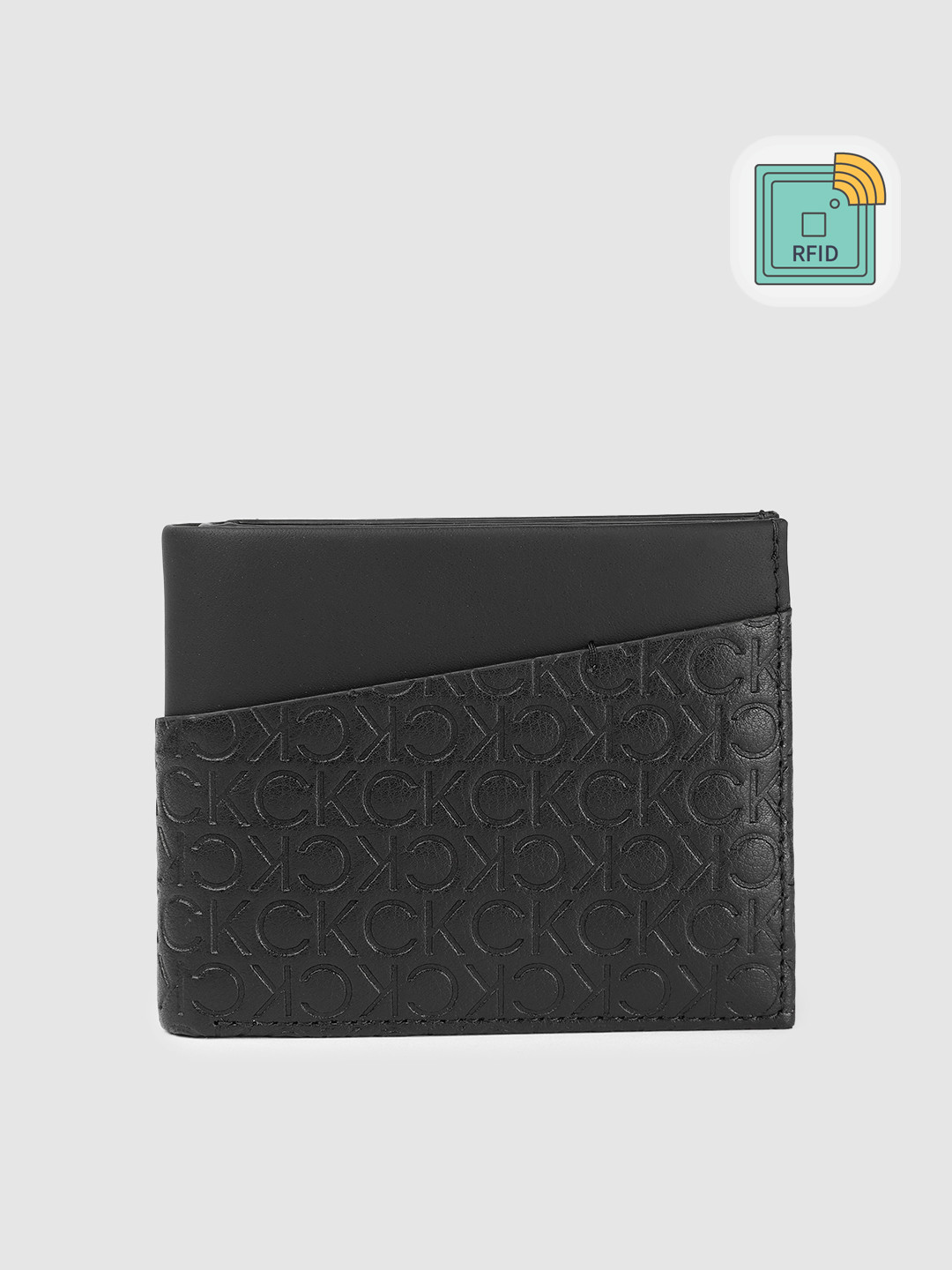 

Calvin Klein Men Brand Logo Debossed Leather Two Fold Wallet With RFID, Black