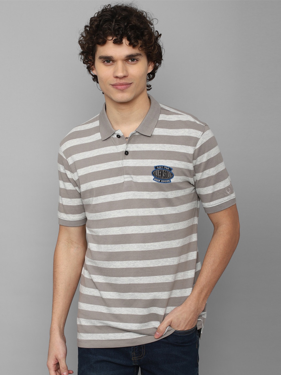 

Allen Solly Men Striped Polo Collar Cotton T-shirt, Grey
