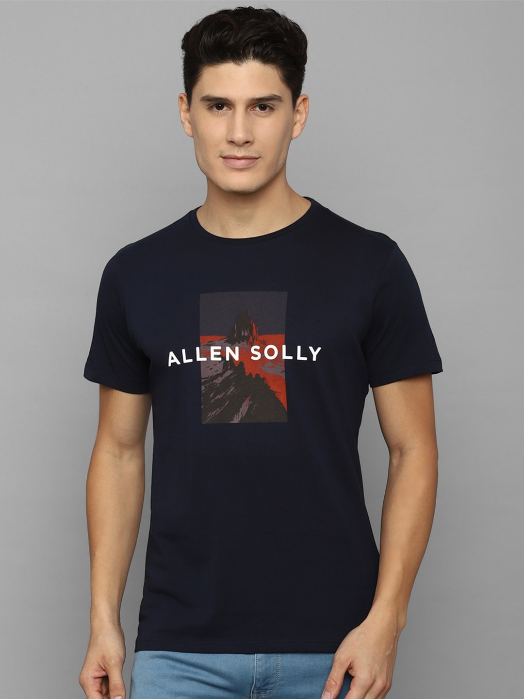 

Allen Solly Men Printed Slim Fit Pure Cotton T-shirt, Navy blue