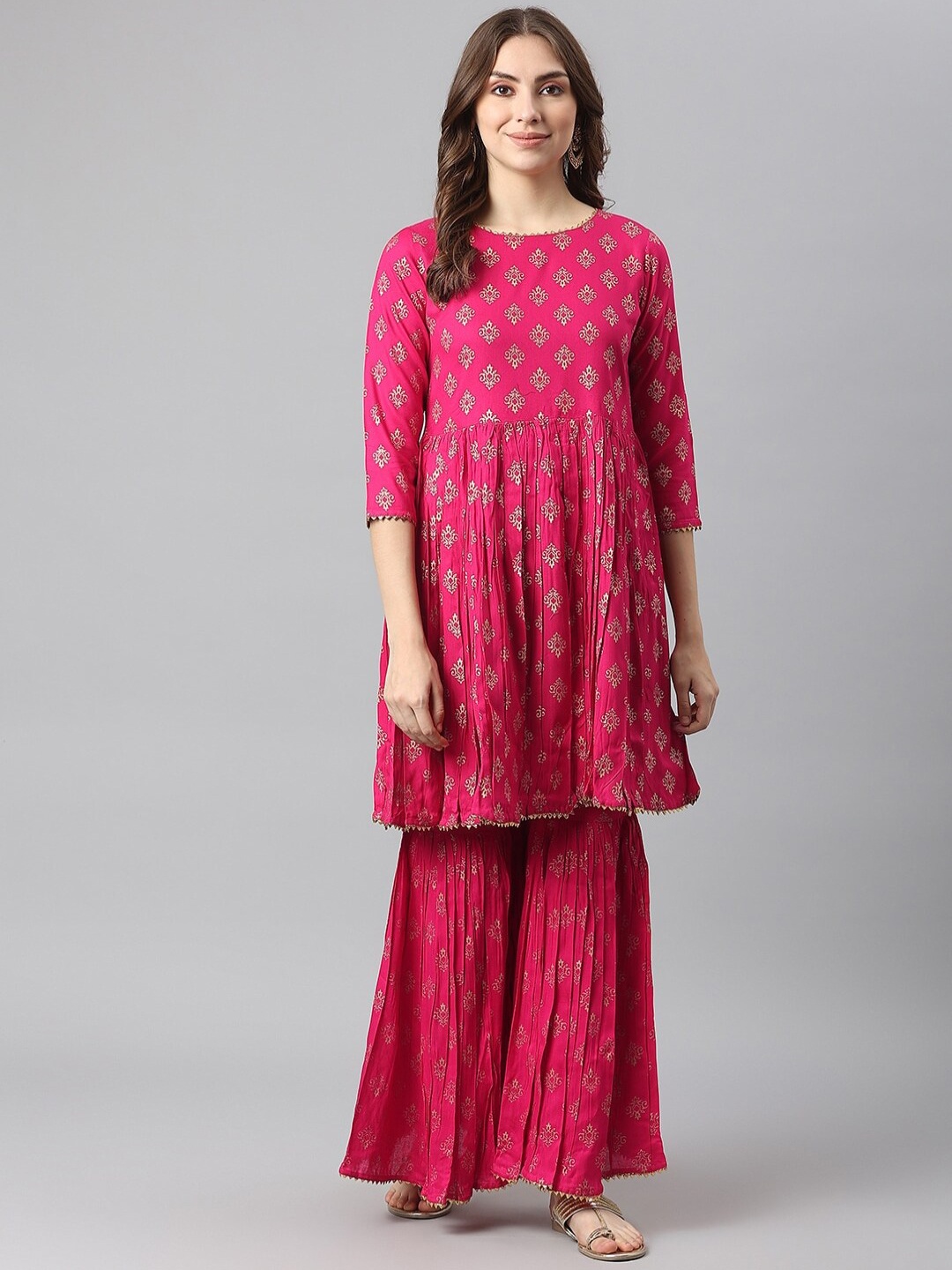 

KALINI Women Ethnic Motifs Printed Pleated Gotta Patti Kurta with Sharara, Pink