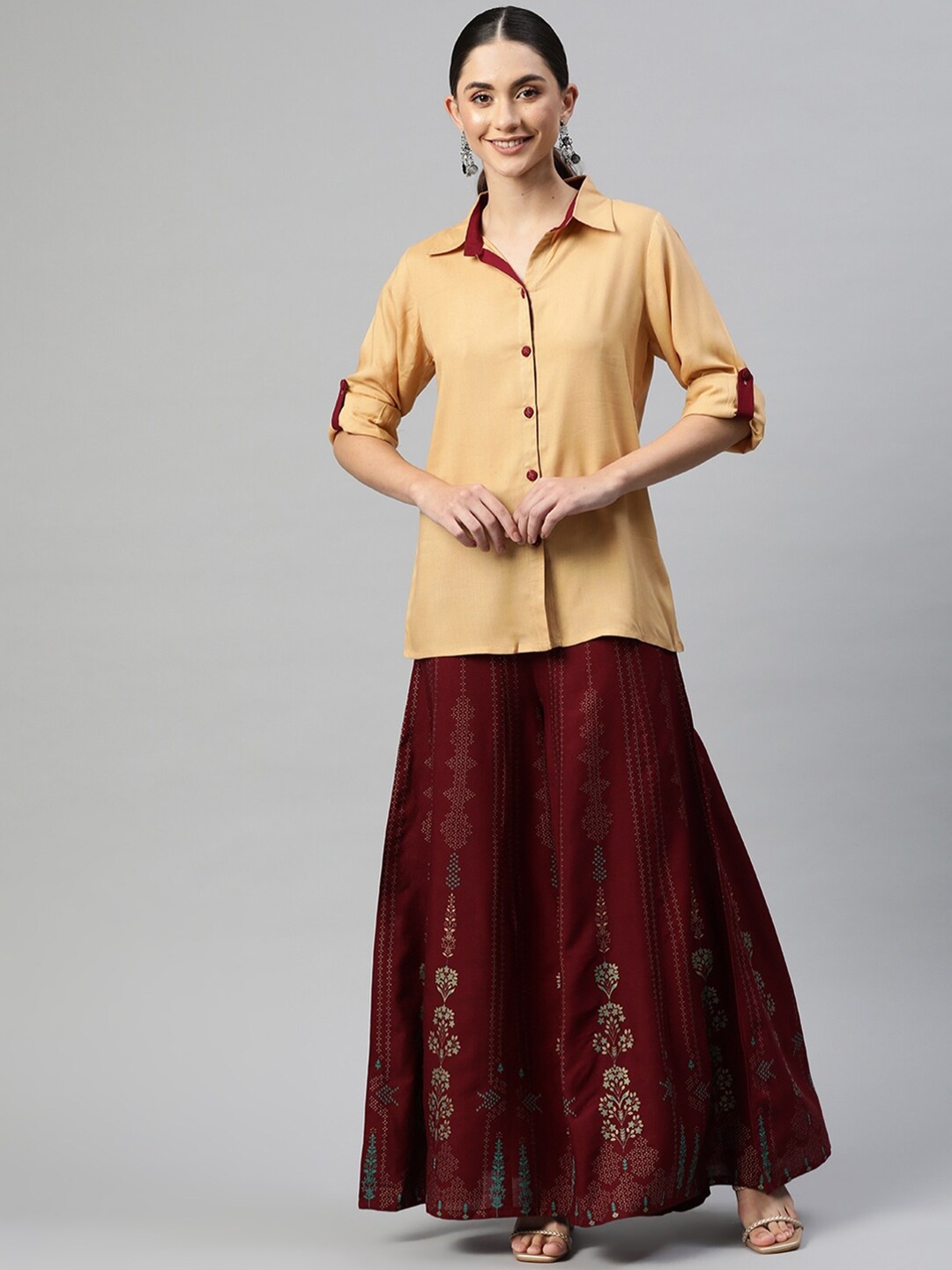 

KALINI Rayon Shirt with Printed Sharara Set, Beige