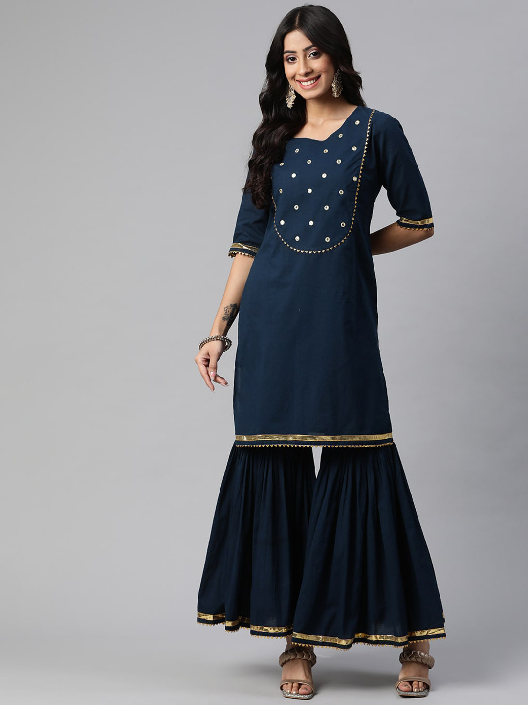 

KALINI Embroidered Pure Cotton Straight Kurta with Sharara, Navy blue