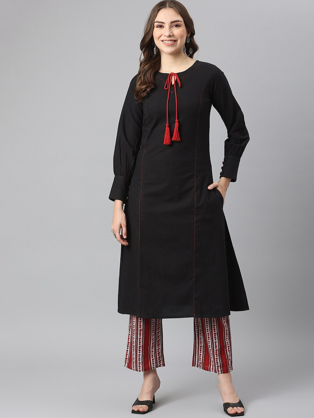 

KALINI Women Tie-Up Neck Kurta with Trousers, Black