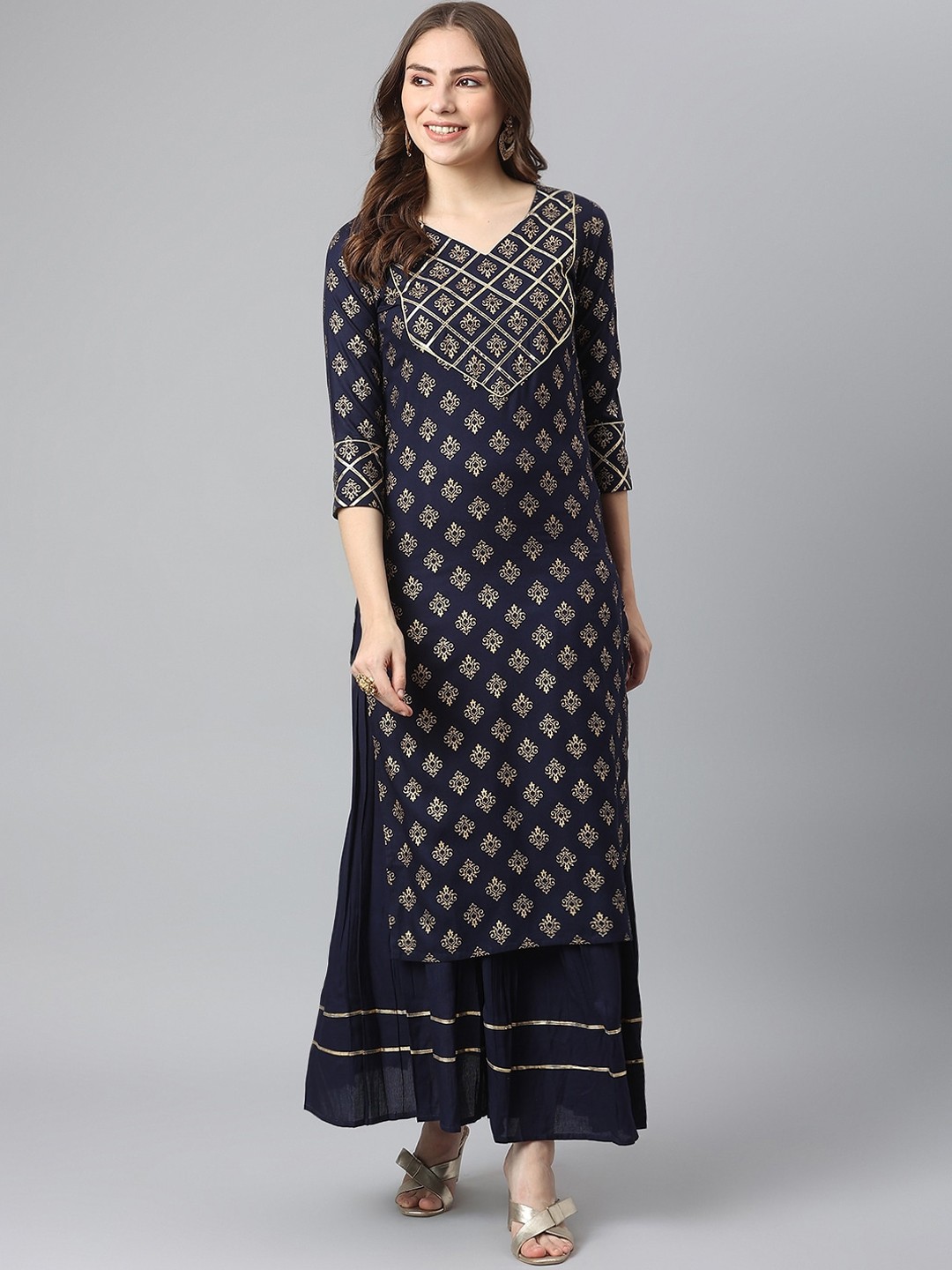 

KALINI Women Ethnic Motifs Printed Gotta Patti Kurta with Skirt, Navy blue