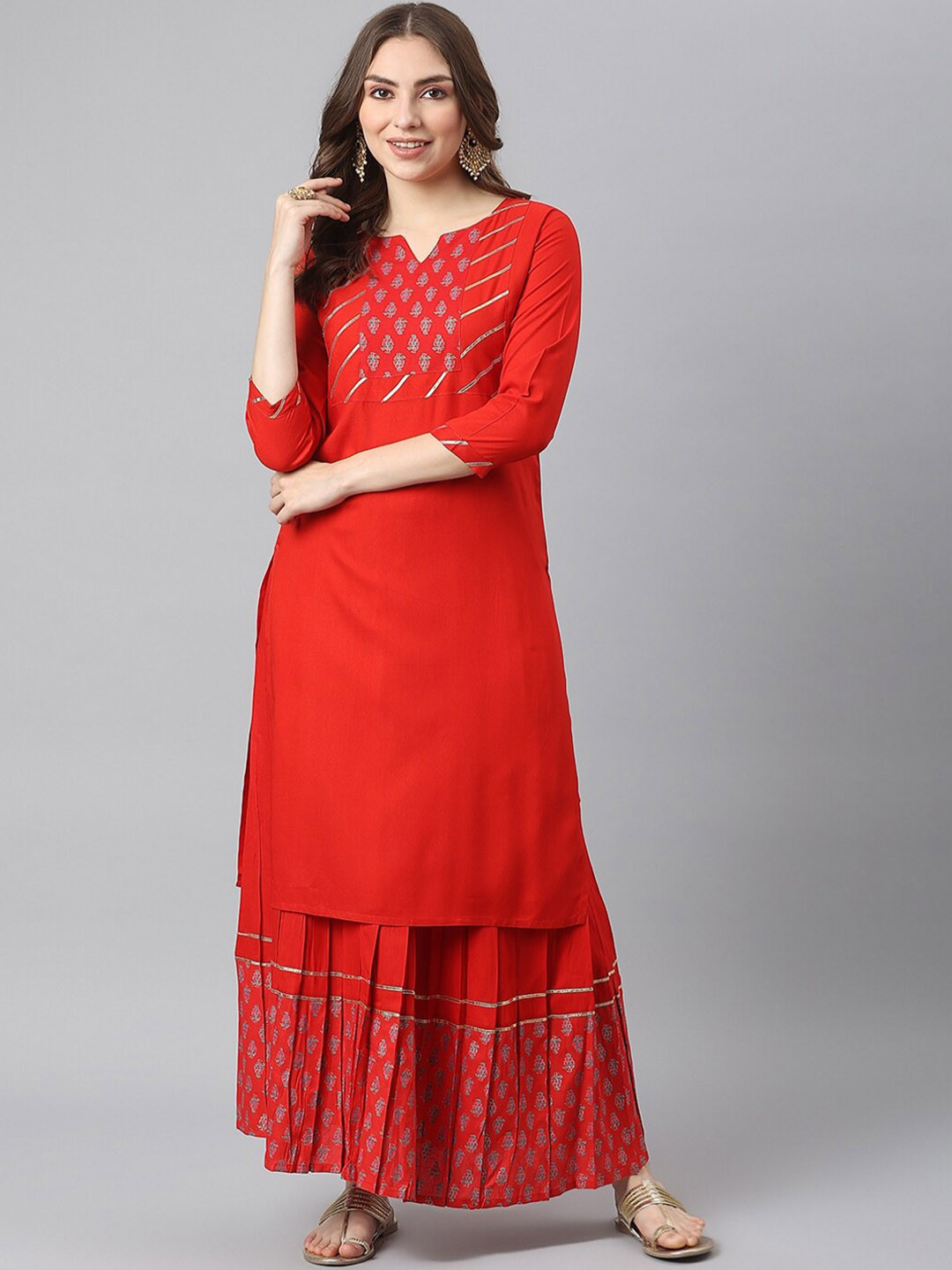 

KALINI Floral Printed Kurta with Skirt Set, Red
