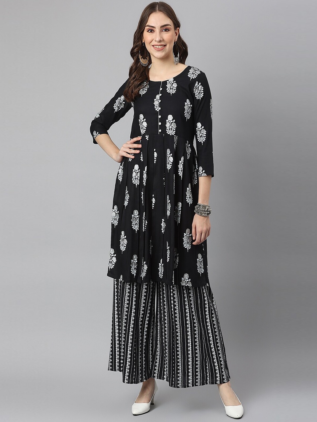 

KALINI Women Floral Printed Pleated Kurta with Sharara, Black