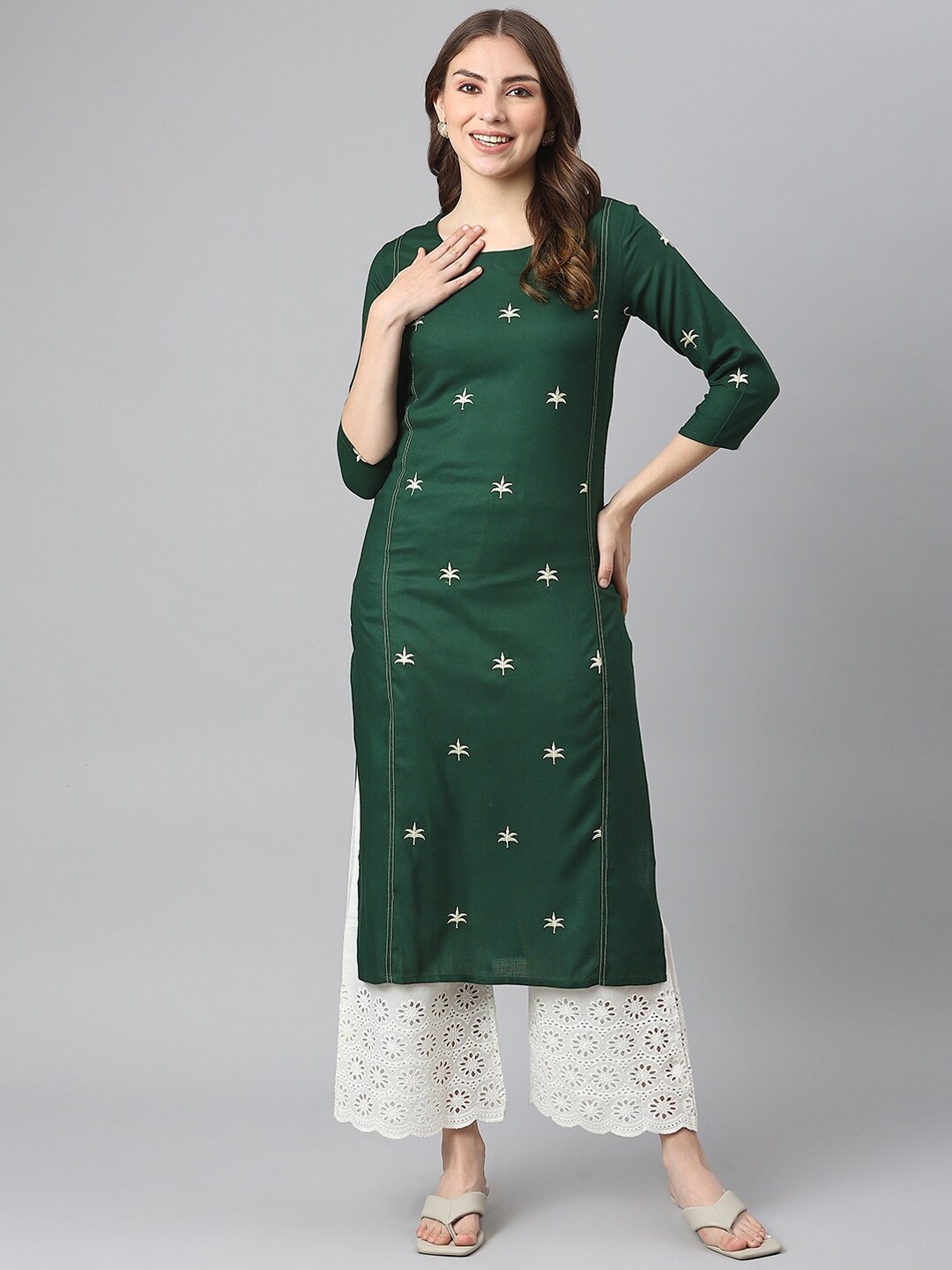 

KALINI Embroidered Round Neck Straight Kurta with Palazzo, Green