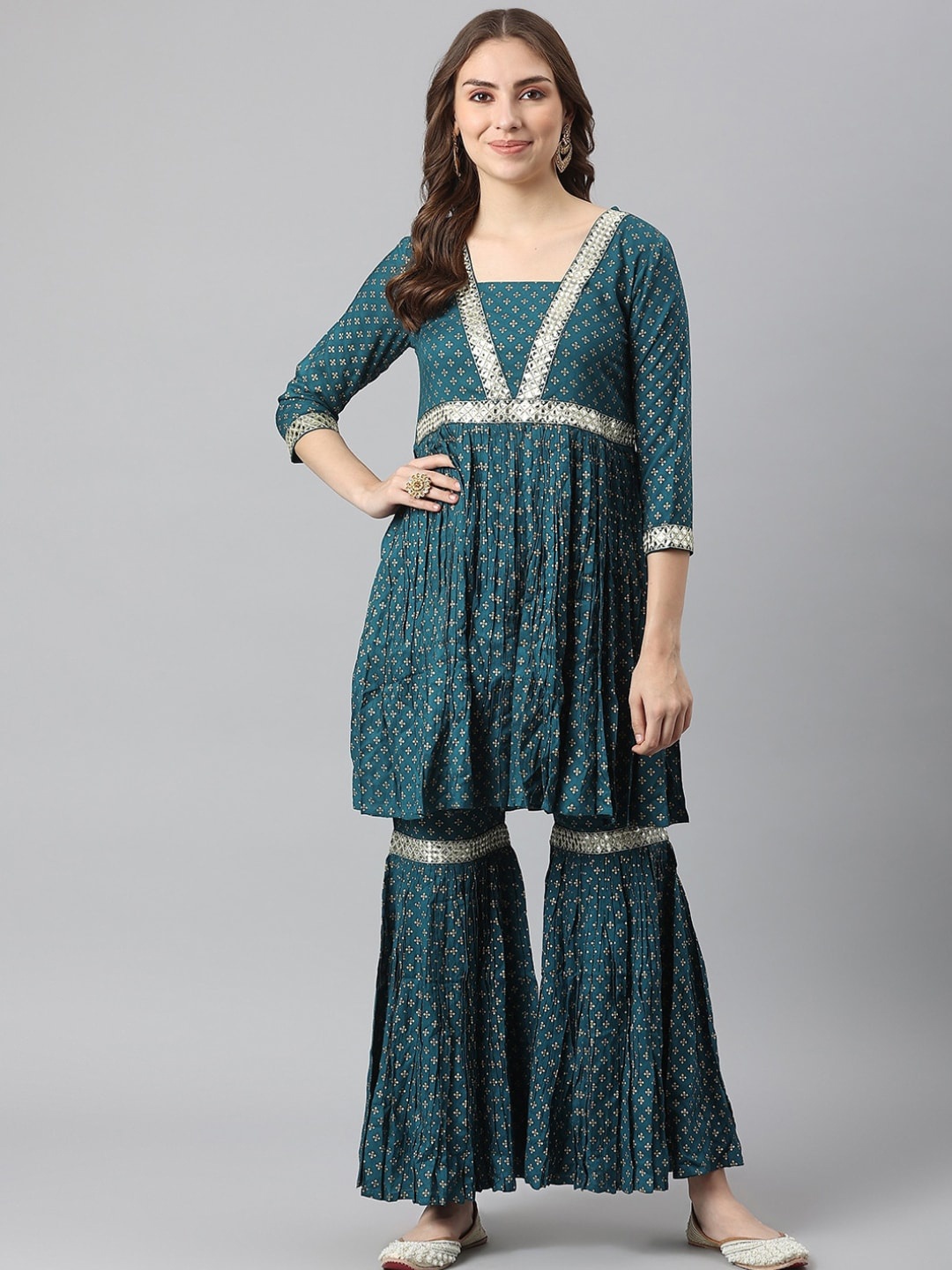 

KALINI Women Ethnic Motifs Printed Mirror Work Kurta with Sharara, Teal