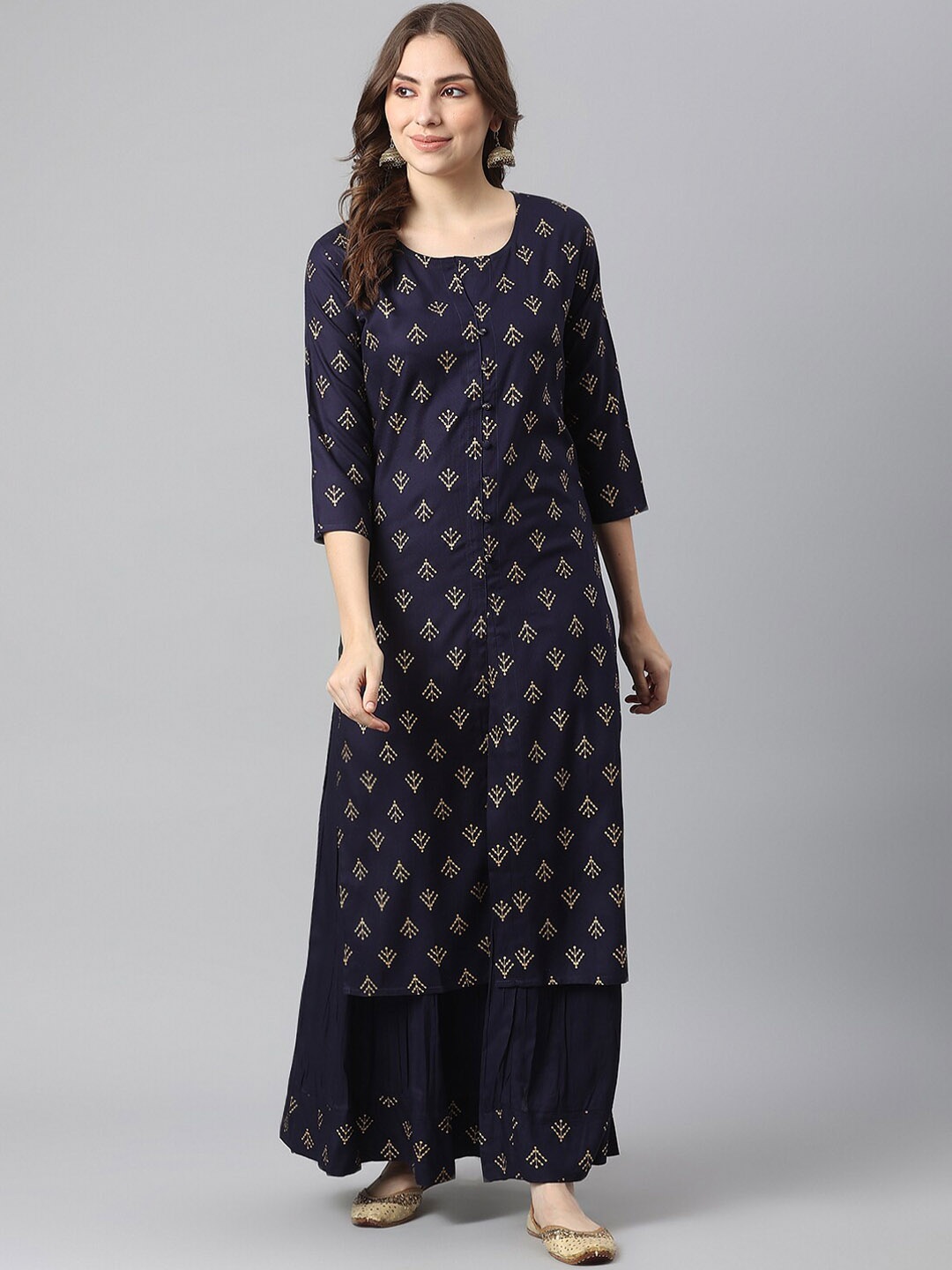 

KALINI Ethnic Motifs Printed Kurta with Skirt Set, Navy blue