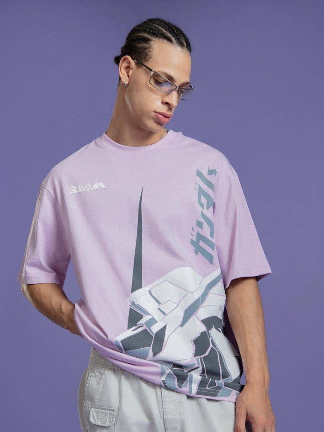 

Bewakoof Men Printed Drop-Shoulder Sleeves Cotton T-shirt, Purple