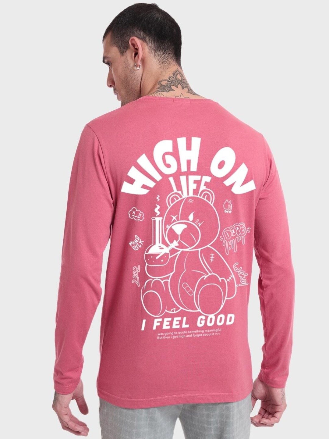 

Bewakoof Men Graphic Printed Round Neck Cotton T-shirt, Pink