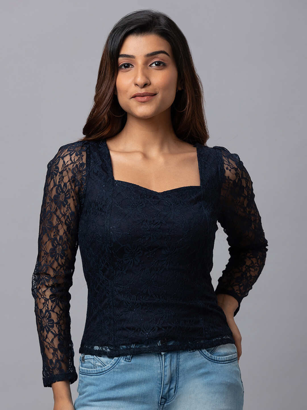 

Globus Self Design Sweetheart Neck Smocked Top, Navy blue
