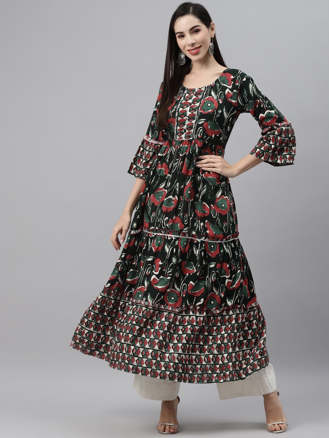 

Indibelle Women Floral Printed Bell Sleeves Anarkali Kurta, Olive