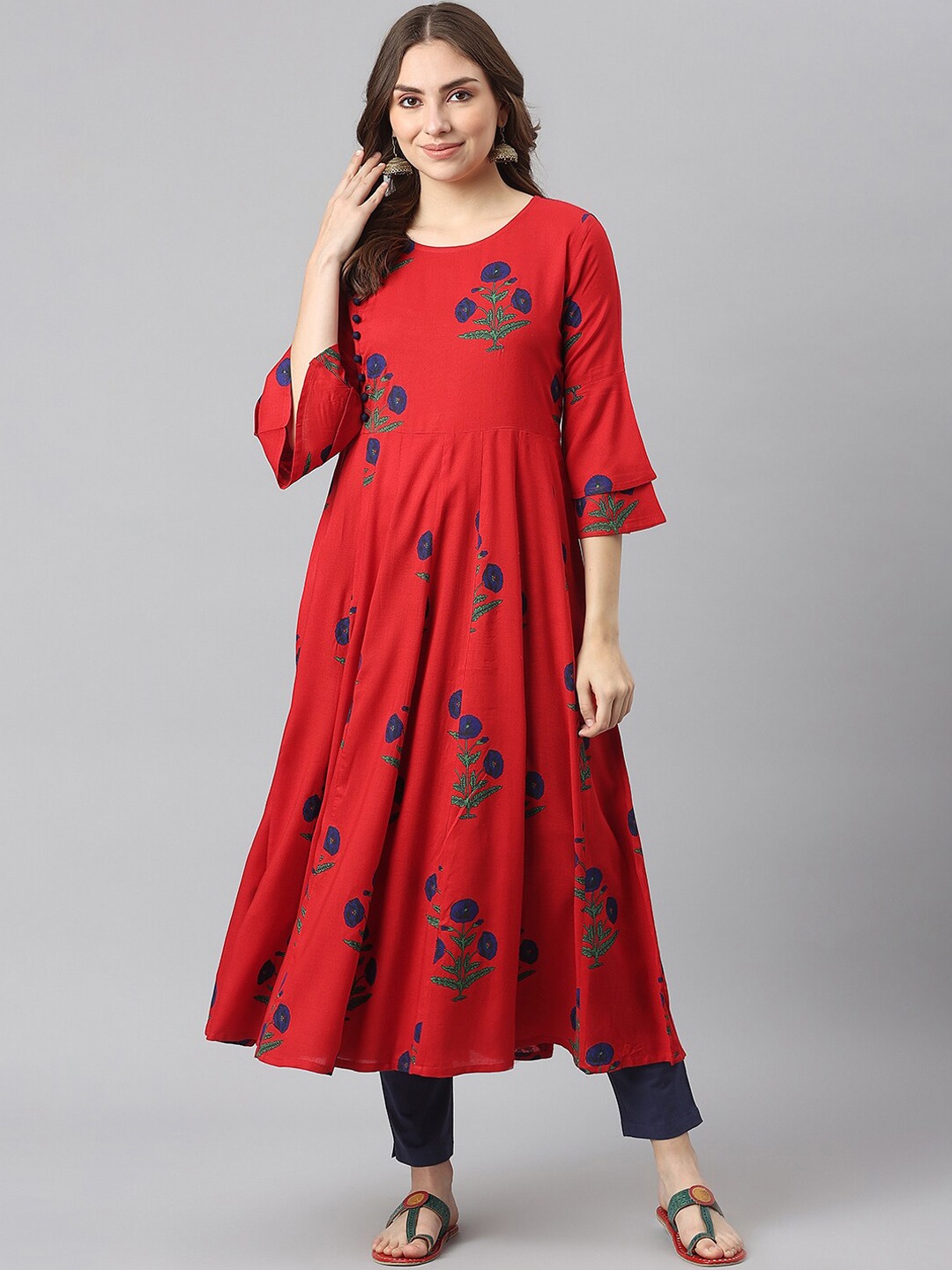 

KALINI Women Floral Printed Bell Sleeves Thread Work Anarkali Kurta, Red