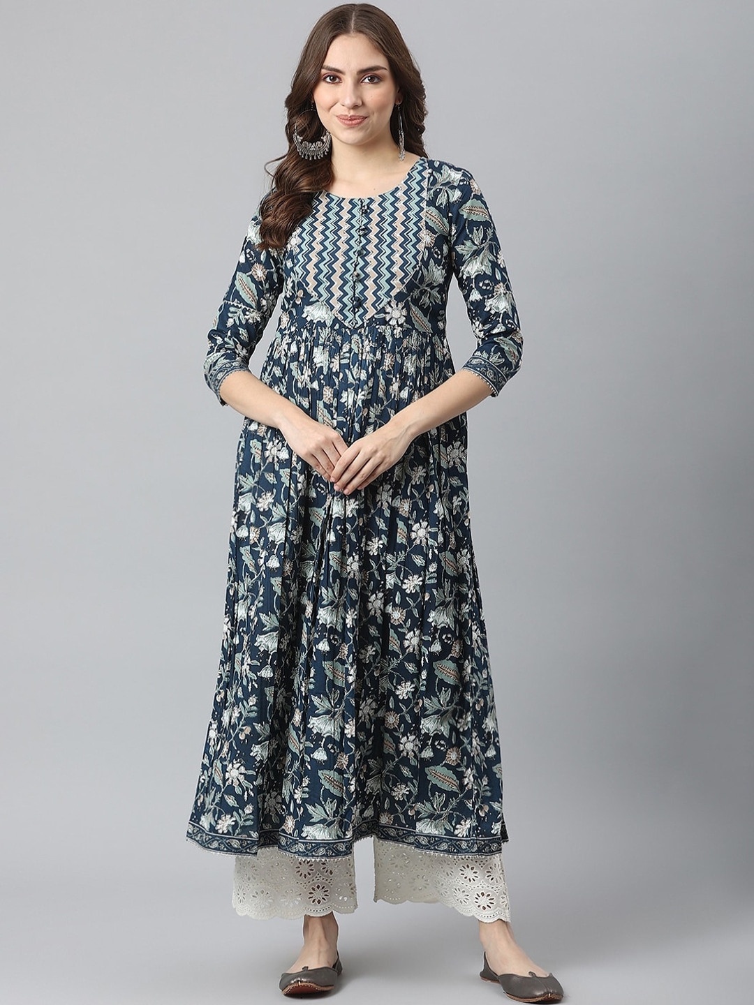 

KALINI Women Floral Printed Pleated Anarkali Cotton Kurta, Navy blue