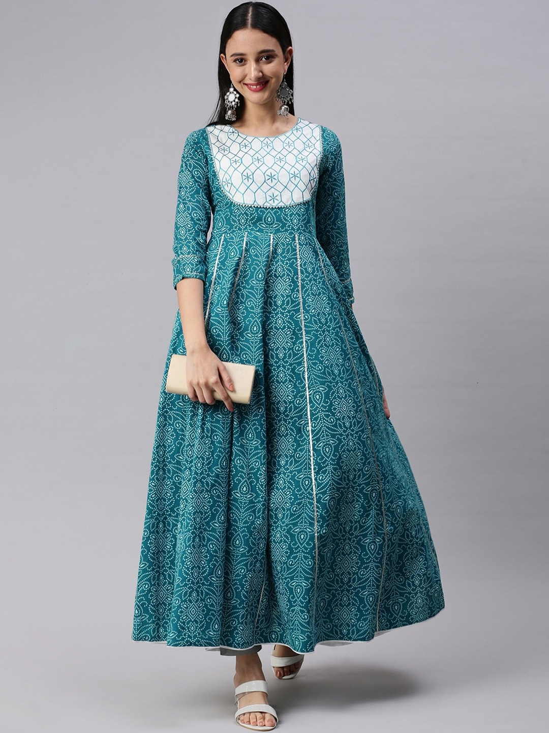 

KALINI Women Bandhani Printed Cotton Anarkali Kurta, Turquoise blue