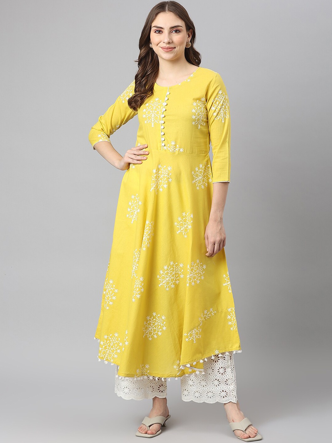 

KALINI Women Ethnic Motifs Printed Cotton Anarkali Kurta, Yellow