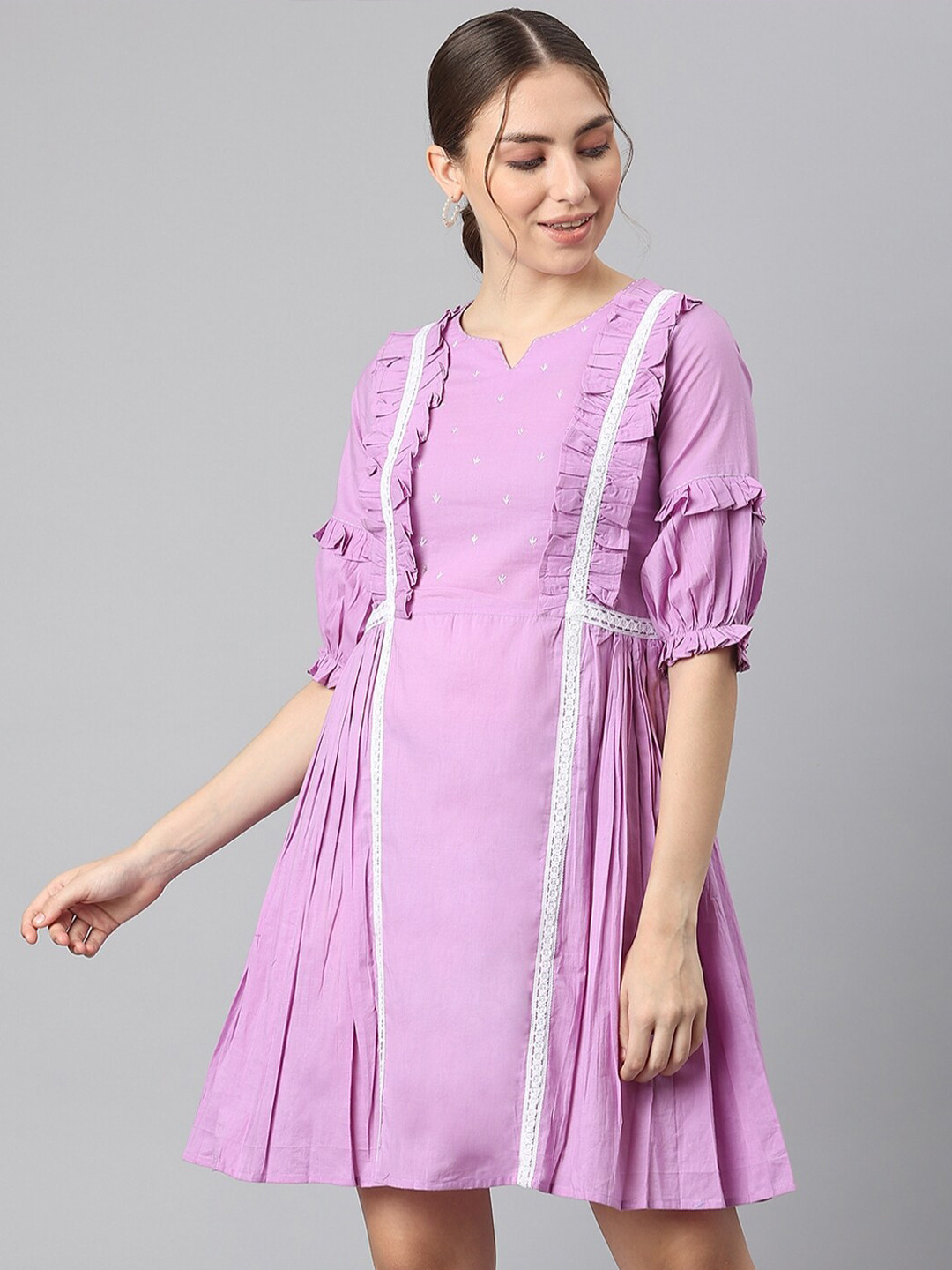 

KALINI Fit & Flare Puff Sleeve Cotton Dress, Lavender
