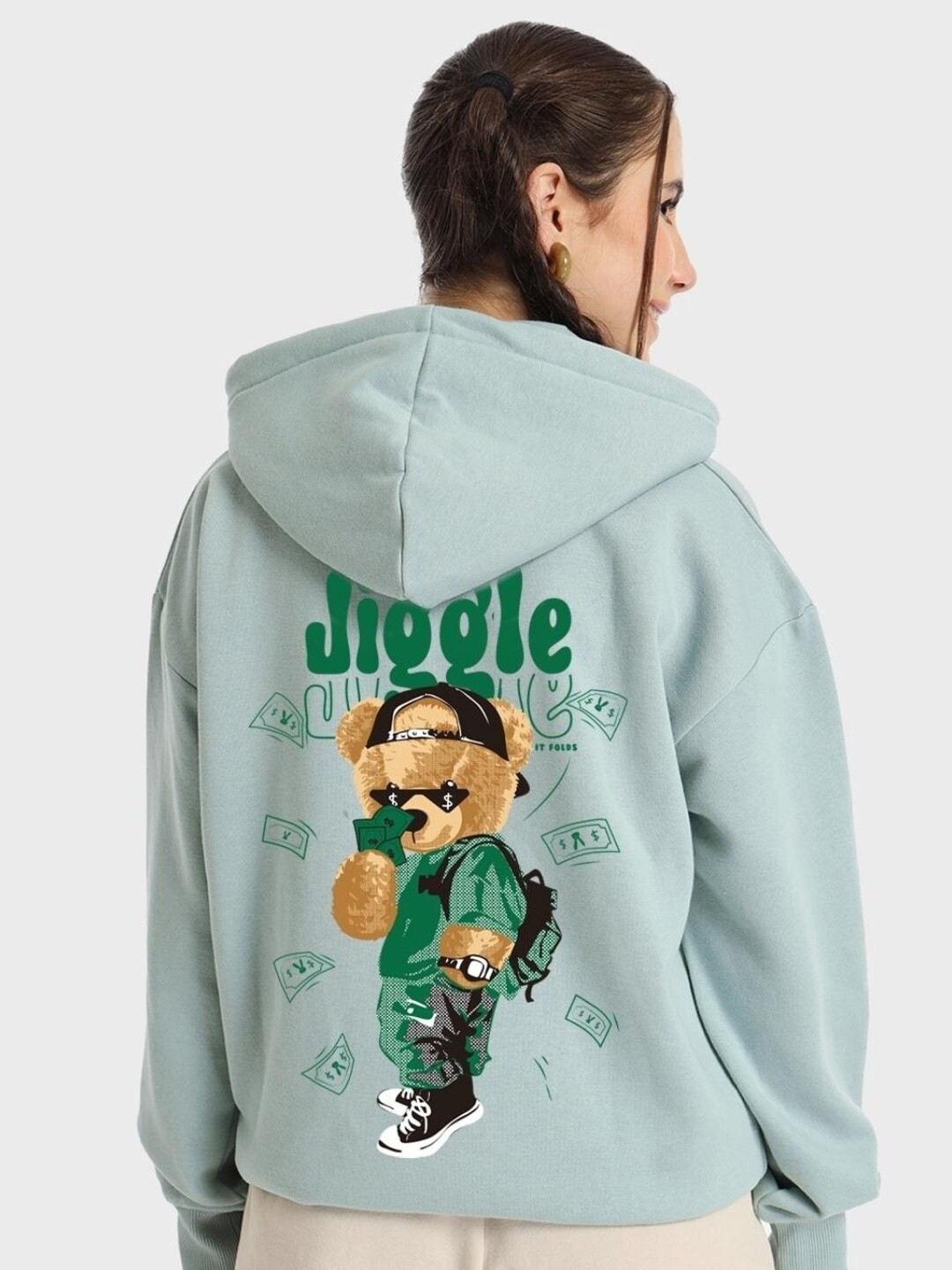 

Bewakoof Heavy Duty Women Graphic Printed Hooded Oversized Fit Sweatshirt, Green