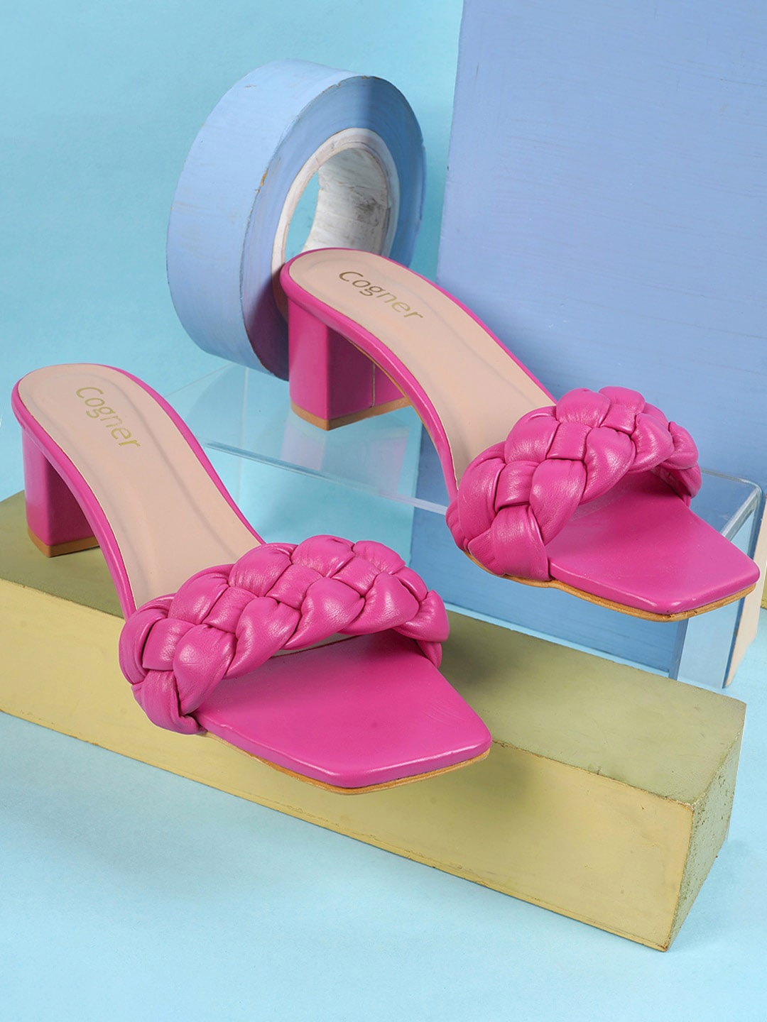 

Cogner Women Open Toe Block Heels, Pink