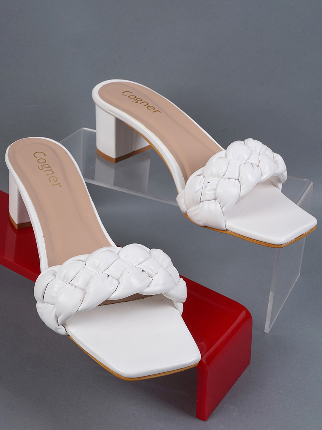 

Cogner Women Peep Toes Block Heels, White